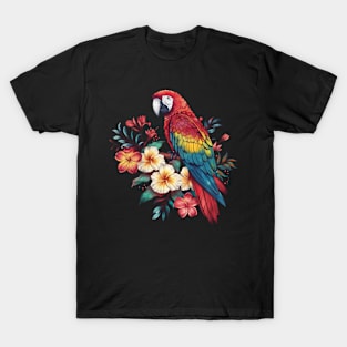 Parrot with Flowers Design T-Shirt